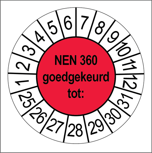 Keuringssticker NEN 360 goedgekeurd, rood met witte cijferrand, rond 35 mm vinyl