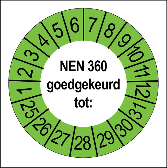 Keuringssticker NEN 360 goedgekeurd, wit met groene buitenrand, rond 35 mm vinyl