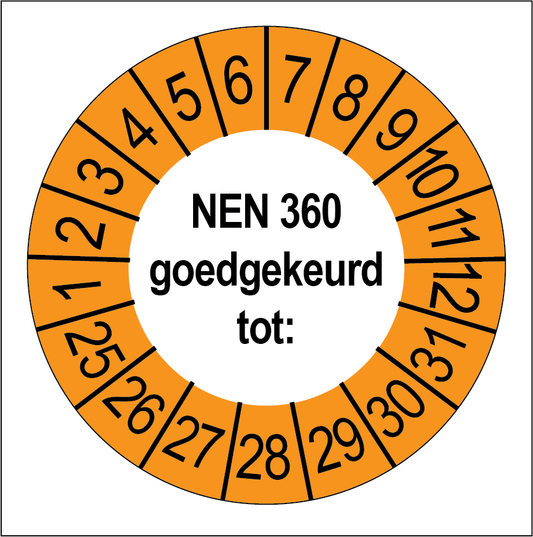 Keuringssticker NEN 360 goedgekeurd, wit met oranje buitenrand, rond 35 mm vinyl