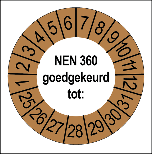 Keuringssticker NEN 360 goedgekeurd, wit met bruine buitenrand, rond 35 mm vinyl