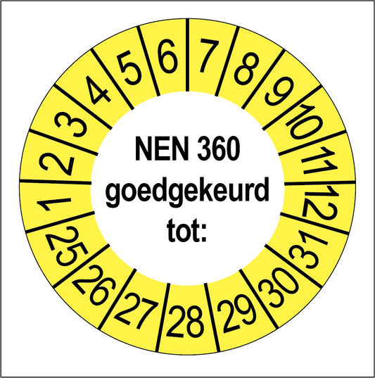 Keuringssticker NEN 360 goedgekeurd, wit met gele buitenrand, rond 35 mm vinyl