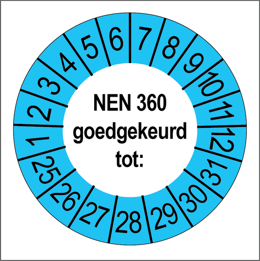 Keuringssticker NEN 360 goedgekeurd, wit met blauwe buitenrand, rond 35 mm vinyl