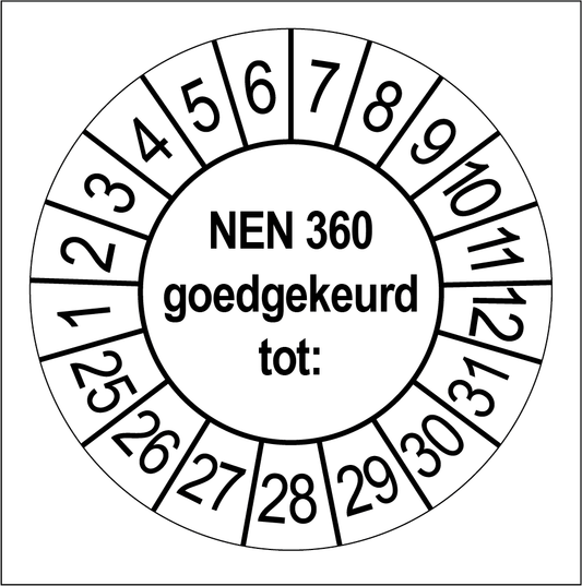 Keuringssticker NEN 360 goedgekeurd, wit met zwarte opdruk, rond 35 mm vinyl