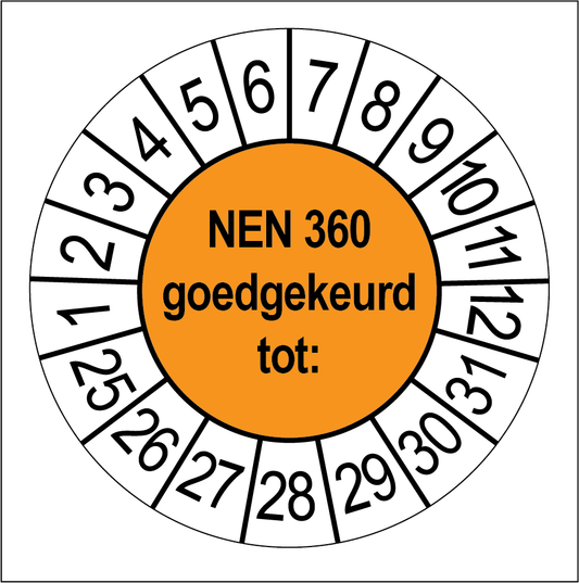 Keuringssticker NEN 360 goedgekeurd, oranje met witte cijferrand, rond 35 mm vinyl