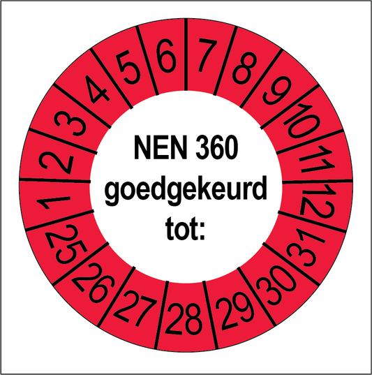 Keuringssticker NEN 360 goedgekeurd, wit met rode buitenrand, rond 35 mm vinyl