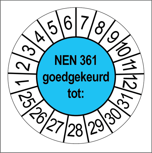 Keuringssticker NEN 361 goedgekeurd, blauw met witte cijferrand, rond 35 mm vinyl