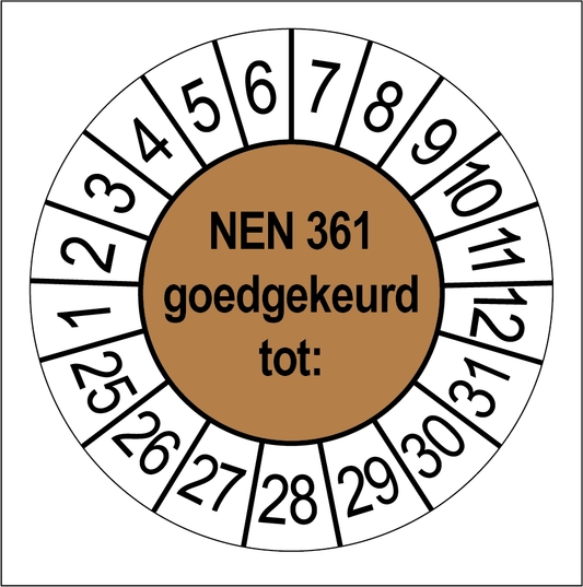 Keuringssticker NEN 361 goedgekeurd, bruin met witte cijferrand, rond 35 mm vinyl