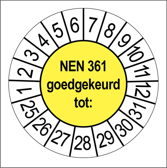 Keuringssticker NEN 361 goedgekeurd, geel met witte cijferrand, rond 35 mm vinyl