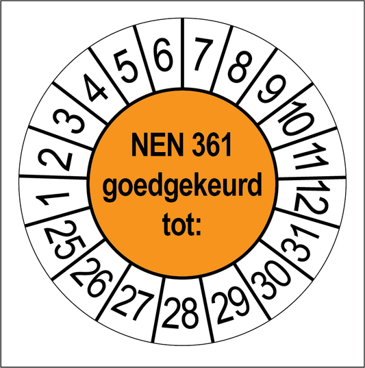Keuringssticker NEN 361 goedgekeurd, oranje met witte cijferrand, rond 35 mm vinyl