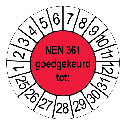 Keuringssticker NEN 361 goedgekeurd, rood met witte cijferrand, rond 35 mm vinyl