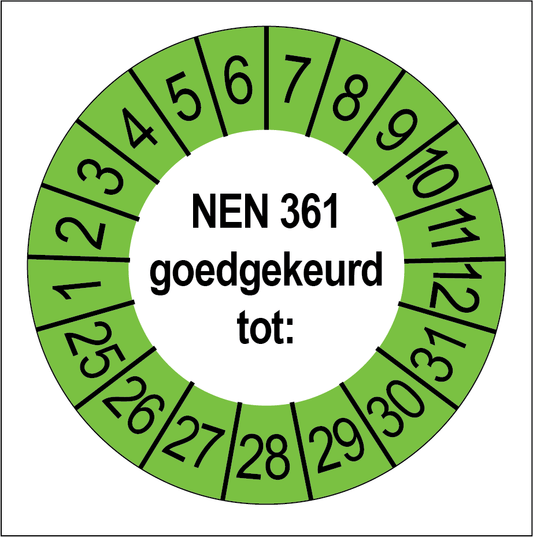 Keuringssticker NEN 361 goedgekeurd, wit met groene buitenrand, rond 35 mm vinyl