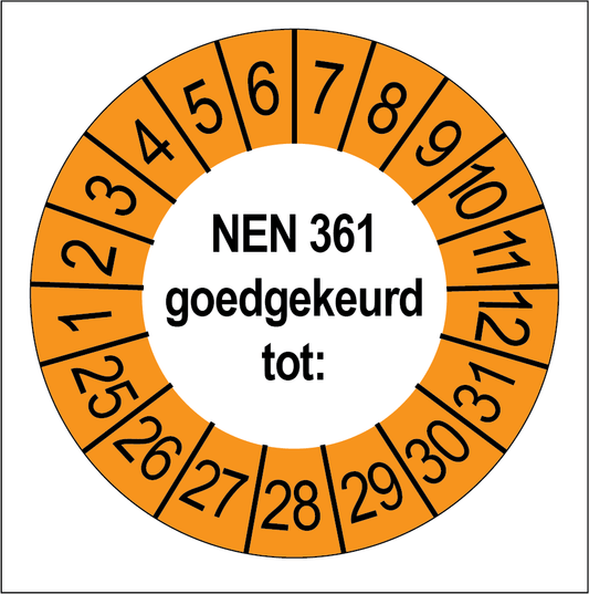 Keuringssticker NEN 361 goedgekeurd, wit met oranje buitenrand, rond 35 mm vinyl