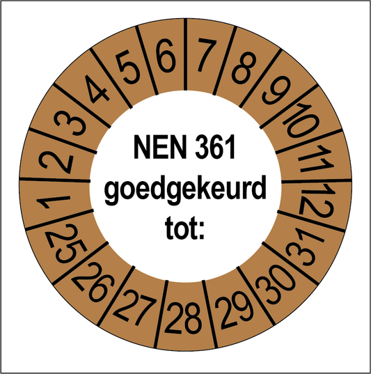 Keuringssticker NEN 361 goedgekeurd, wit met bruine buitenrand, rond 35 mm vinyl