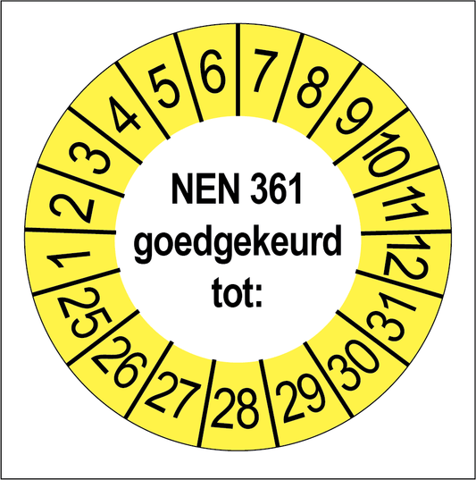 Keuringssticker NEN 361 goedgekeurd, wit met gele buitenrand, rond 35 mm vinyl