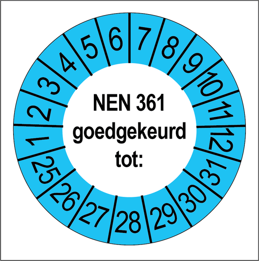 Keuringssticker NEN 361 goedgekeurd, wit met blauwe buitenrand, rond 35 mm vinyl