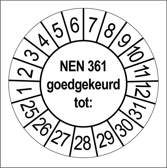 Keuringssticker NEN 361 goedgekeurd, wit met zwarte opdruk, rond 35 mm vinyl