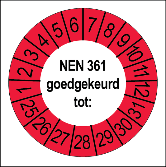 Keuringssticker NEN 361 goedgekeurd, wit met rode buitenrand, rond 35 mm vinyl