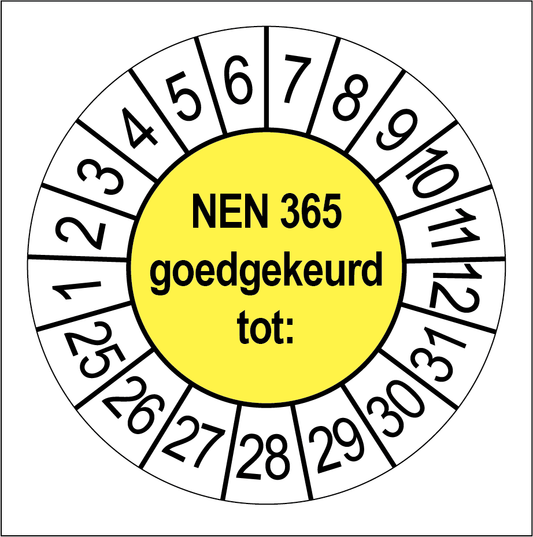 Keuringssticker NEN 365 goedgekeurd, geel met witte cijferrand, rond 35 mm vinyl