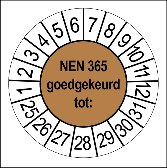 Keuringssticker NEN 365 goedgekeurd, bruin met witte cijferrand, rond 35 mm vinyl
