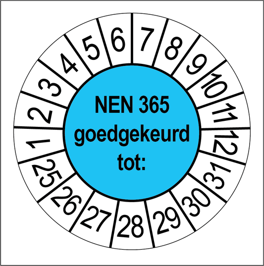 Keuringssticker NEN 365 goedgekeurd, blauw met witte cijferrand, rond 35 mm vinyl