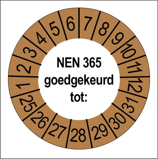 Keuringssticker NEN 365 goedgekeurd, wit met bruine buitenrand, rond 35 mm vinyl