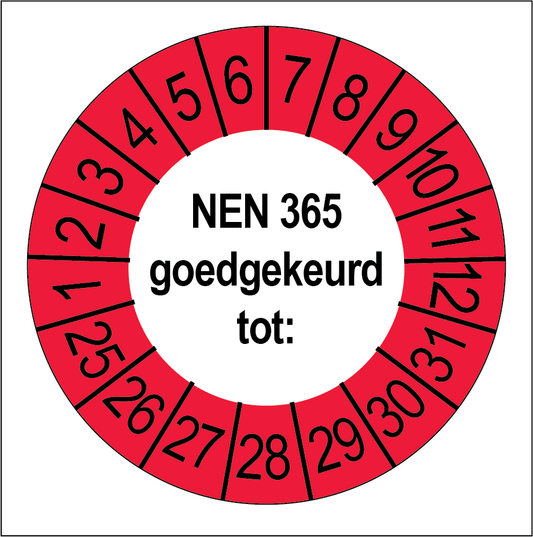 Keuringssticker NEN 365 goedgekeurd, wit met rode buitenrand, rond 35 mm vinyl
