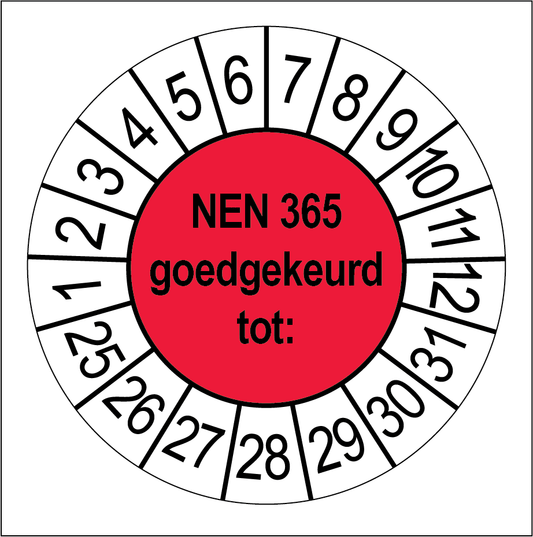 Keuringssticker NEN 365 goedgekeurd, rood met witte cijferrand, rond 35 mm vinyl