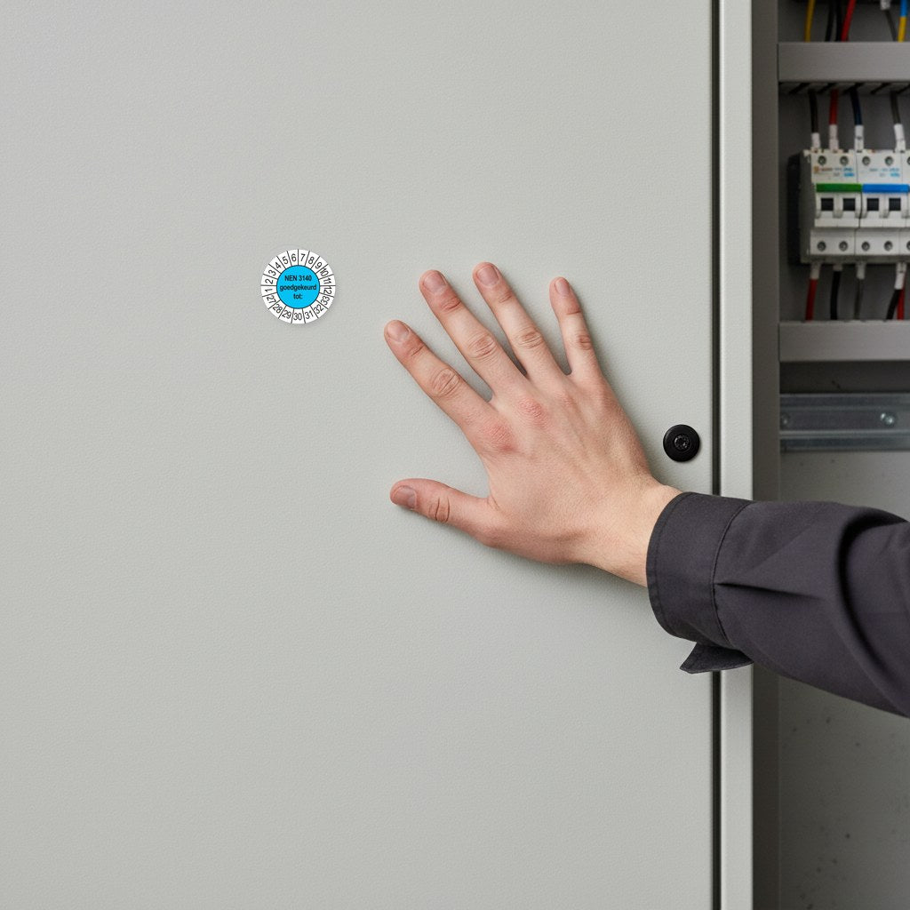 NEN 3140 keuringssticker blauw 2027, aangebracht op een meterkast