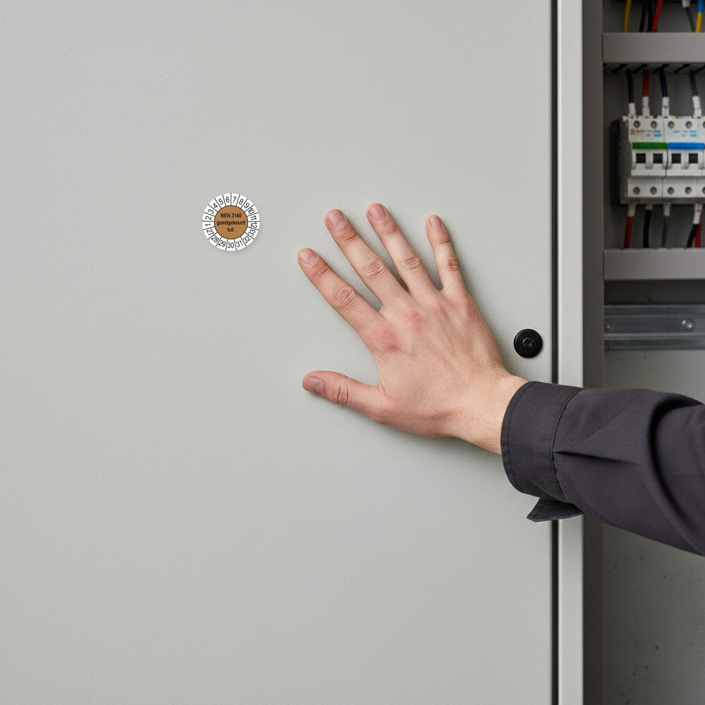 NEN 3140 keuringssticker bruin 2027, aangebracht op een meterkast