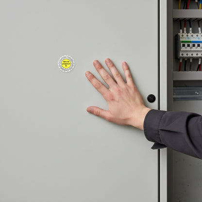 NEN 3140 keuringssticker geel 2027, aangebracht op een meterkast