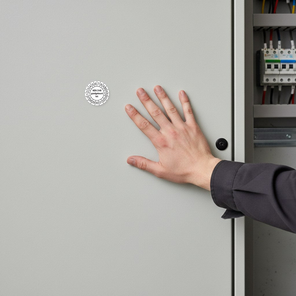 NEN 3140 keuringssticker wit 2027, aangebracht op een meterkast