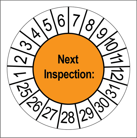 Keuringssticker Next Inspection, oranje met witte cijferrand, rond 35 mm vinyl