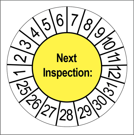 Keuringssticker Next Inspection, geel met witte cijferrand, rond 35 mm vinyl