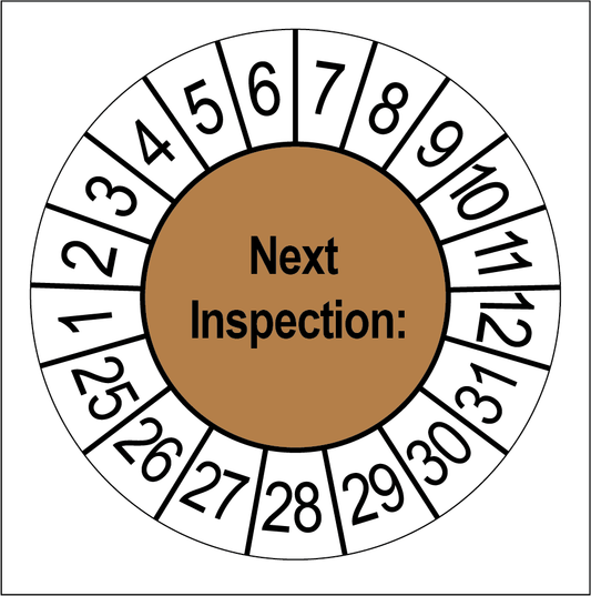 Keuringssticker Next Inspection, bruin met witte cijferrand, rond 35 mm vinyl