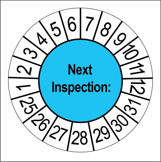 Keuringssticker Next Inspection, blauw met witte cijferrand, rond 35 mm vinyl