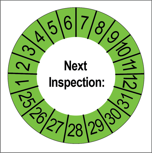 Keuringssticker Next Inspection, wit met groene buitenrand, rond 35 mm vinyl