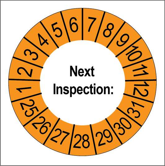 Keuringssticker Next Inspection, wit met oranje buitenrand, rond 35 mm vinyl