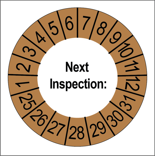 Keuringssticker Next Inspection, wit met bruine buitenrand, rond 35 mm vinyl