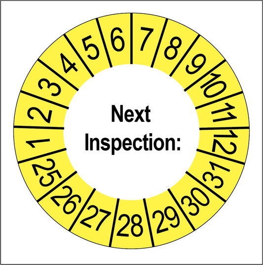 Keuringssticker Next Inspection, wit met gele buitenrand, rond 35 mm vinyl