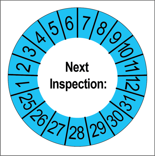 Keuringssticker Next Inspection, wit met blauwe buitenrand, rond 35 mm vinyl
