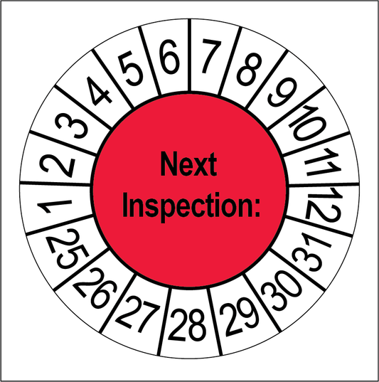 Keuringssticker Next Inspection, rood met witte cijferrand, rond 35 mm vinyl