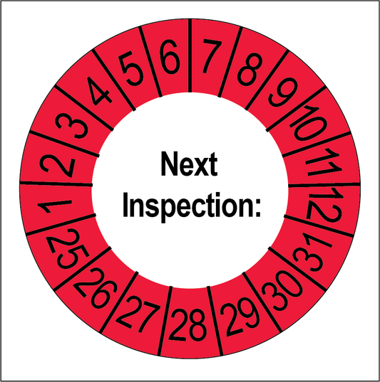 Keuringssticker Next Inspection, wit met rode buitenrand, rond 35 mm vinyl