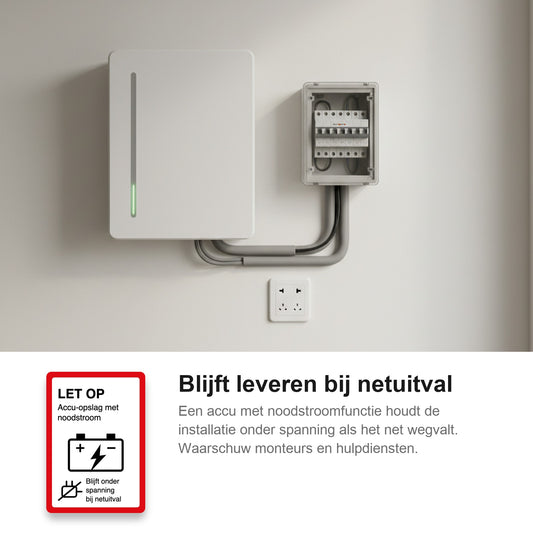 Thuisbatterij met groepenkast, met de noodstroom sticker NEN 1010