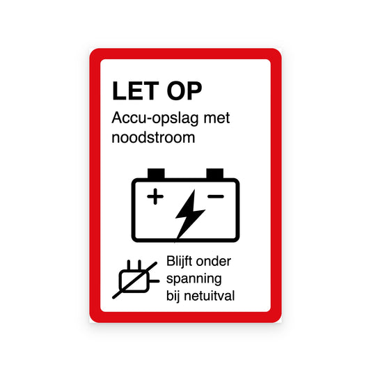 Noodstroom sticker NEN 1010: accu-opslag met noodstroom, blijft onder spanning bij netuitval