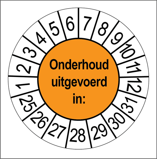 Keuringssticker Onderhoud Uitgevoerd, oranje met witte cijferrand, rond 35 mm vinyl