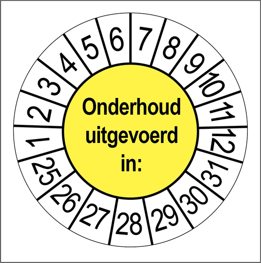 Keuringssticker Onderhoud Uitgevoerd, geel met witte cijferrand, rond 35 mm vinyl