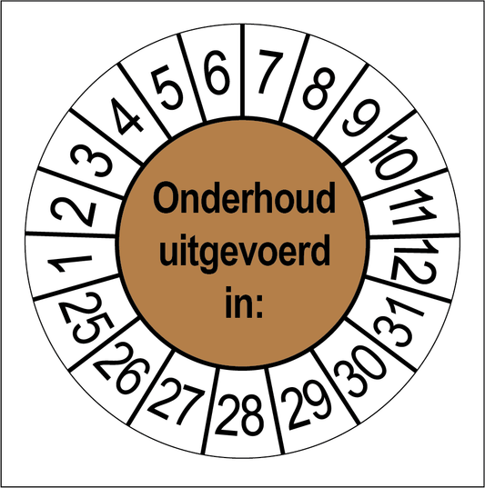 Keuringssticker Onderhoud Uitgevoerd, bruin met witte cijferrand, rond 35 mm vinyl