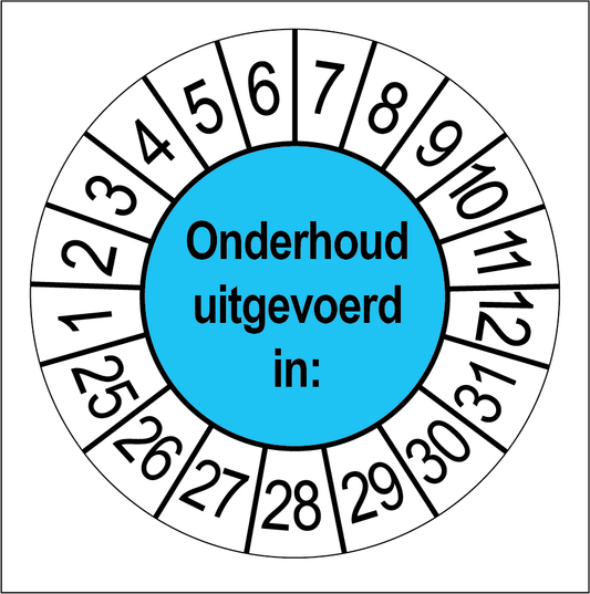 Keuringssticker Onderhoud Uitgevoerd, blauw met witte cijferrand, rond 35 mm vinyl