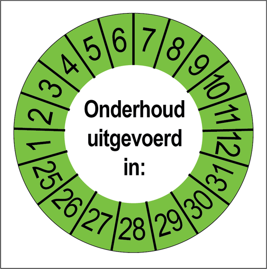Keuringssticker Onderhoud Uitgevoerd, wit met groene buitenrand, rond 35 mm vinyl