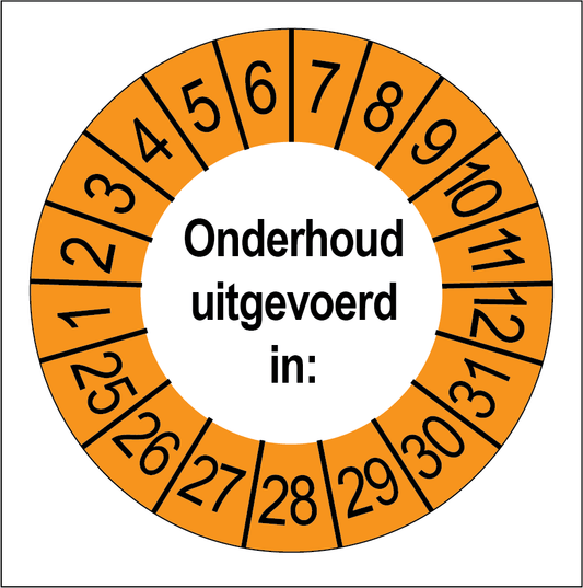 Keuringssticker Onderhoud Uitgevoerd, wit met oranje buitenrand, rond 35 mm vinyl